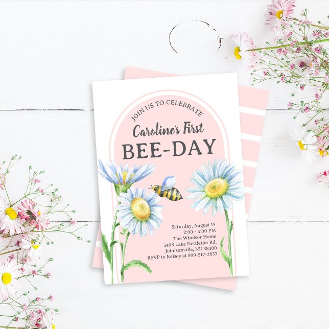 Invitation d'anniversaire Pink Bee-Day avec des ma (Créateur téléchargé)