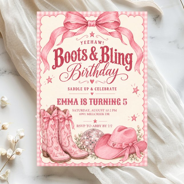 Invitation d'anniversaire Pink Boots & Bling (Créateur téléchargé)