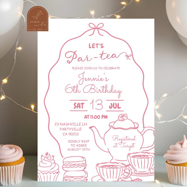 Invitation d'anniversaire Pink Bow Hand Doodle Let (Créateur téléchargé)