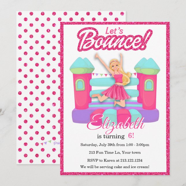 Invitation d'anniversaire Pink Doll Bounce House (Devant / Derrière)