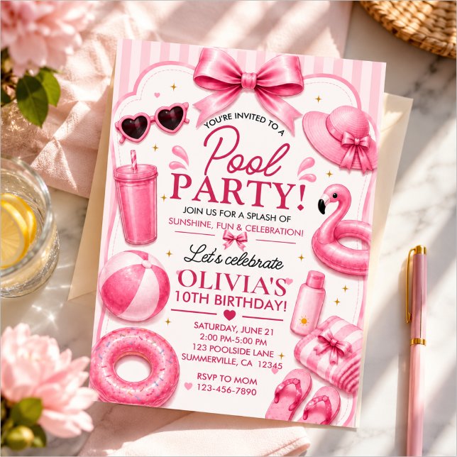 Invitation d'anniversaire Pink Pool Party (Créateur téléchargé)