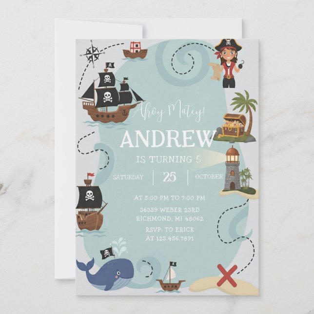 Invitation d'anniversaire pirate modèle Ahoy Matey (Devant)