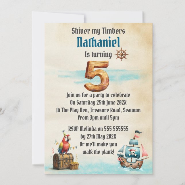 Invitation d'anniversaire pirate pour enfants (Devant)