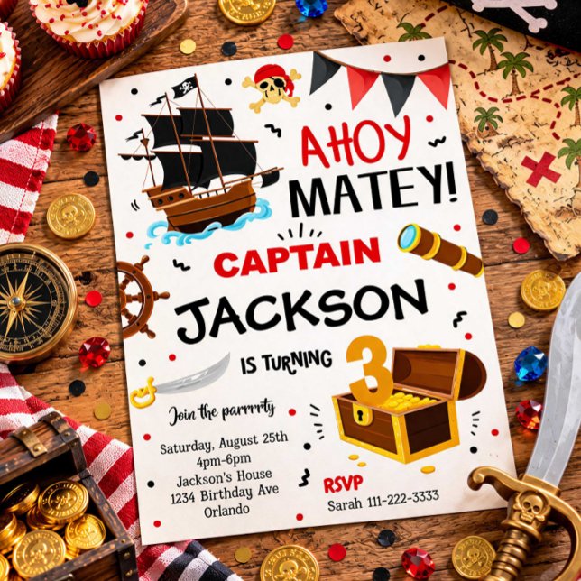 Invitation d'anniversaire pirate rouge noir (Créateur téléchargé)