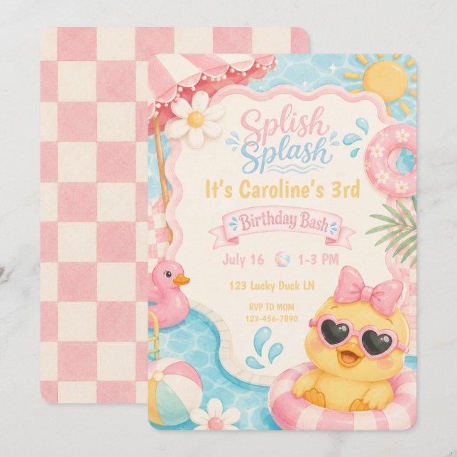 Invitation d'anniversaire Piscine de canards Splas (Devant / Derrière)