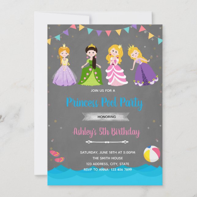Invitation d'anniversaire piscine princesse (Devant)