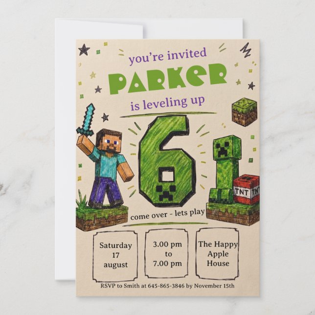 Invitation d'anniversaire Pixel Block (Devant)