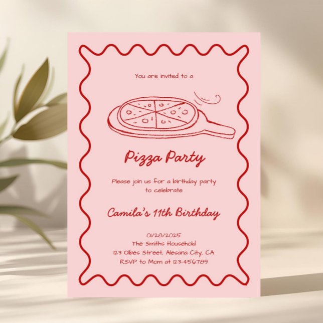 Invitation d'anniversaire pizza dessinée à la main (Hand Drawn Pizza Birthday Invitation Whimsical)
