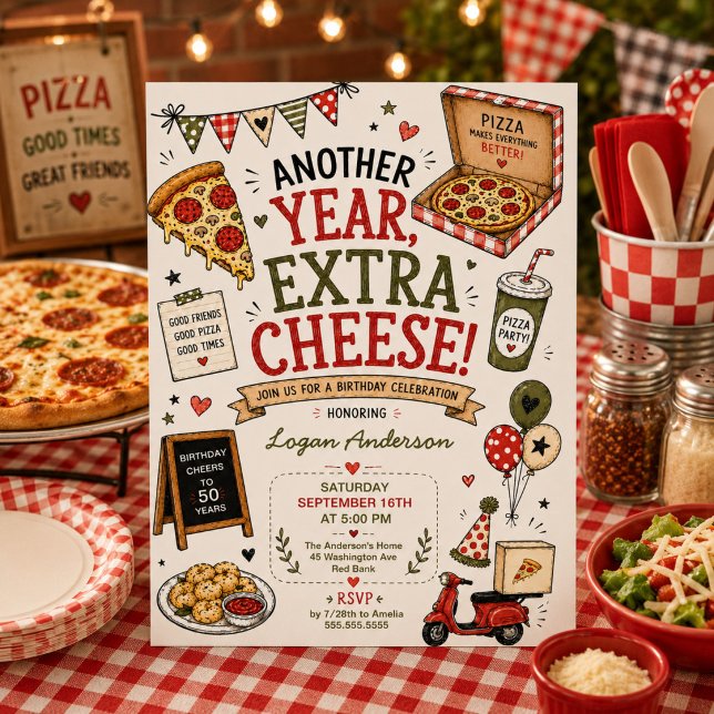 Invitation d'anniversaire Pizza dessinée à la main (Créateur téléchargé)