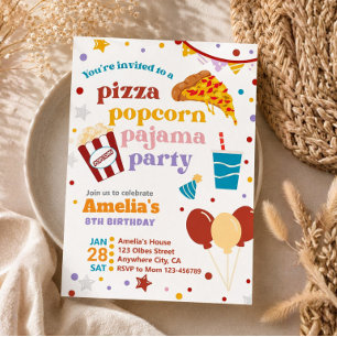 Invitation d'anniversaire Pizza Popcorn et Pyjama