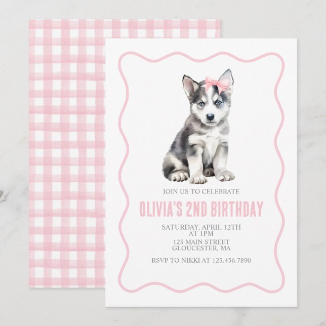 Invitation d'anniversaire plaid preppy husky chiot (Devant / Derrière)