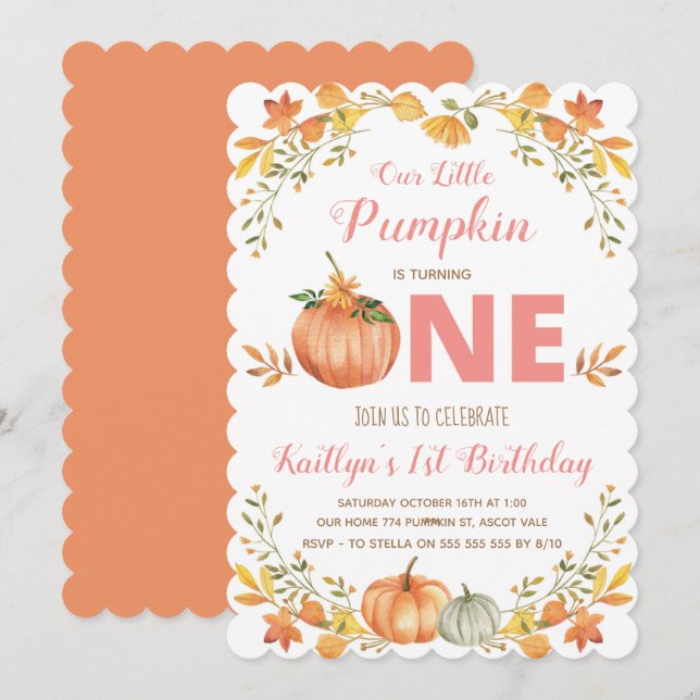 Invitation d'anniversaire pour 1 an avec citrouill (Devant / Derrière)