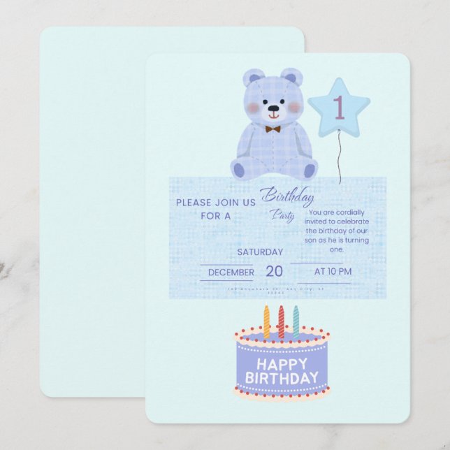 Invitation d'anniversaire pour 1 an Ourson Teddy B (Devant / Derrière)