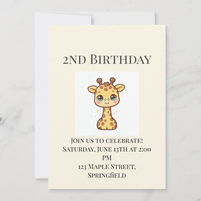 Invitation d'anniversaire pour 2 ans de bébé giraf (Devant)