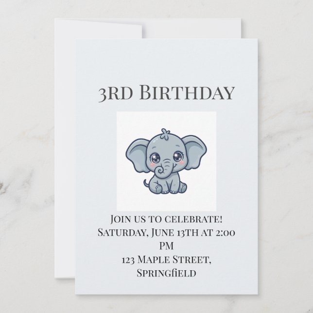 Invitation d'anniversaire pour 3 ans de bébé éléph (Devant)