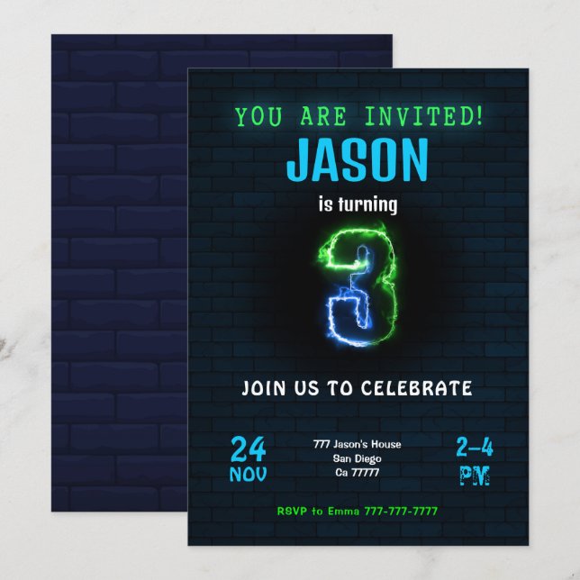 Invitation d'anniversaire pour 3 ans garçon (Devant / Derrière)