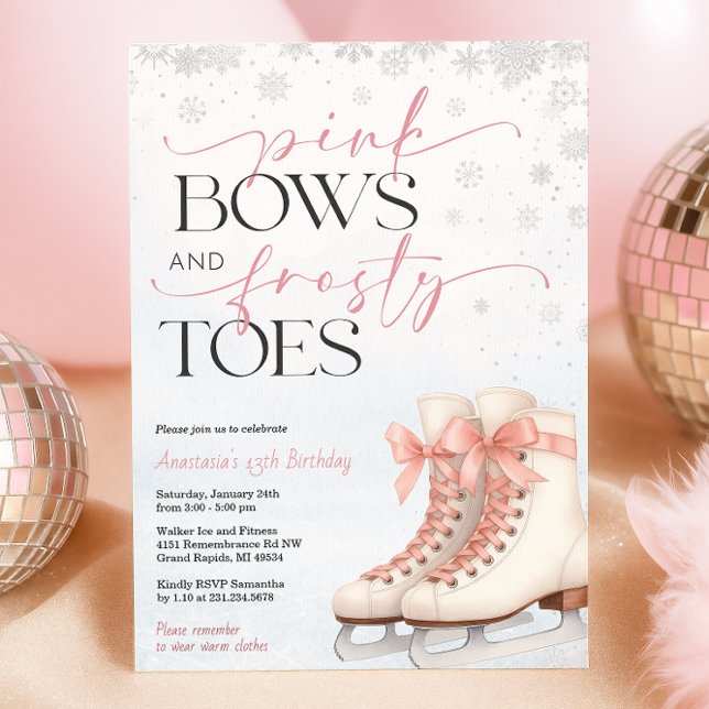 Invitation d'anniversaire pour adolescente de pati (Ice Skating Teen Birthday Invitation - Pink Bows and Frosty Toes
)