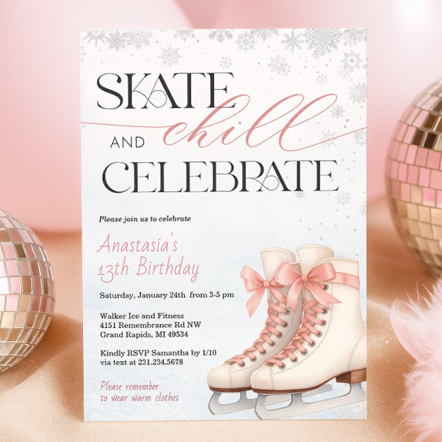 Invitation d'anniversaire pour adolescente de pati (Ice Skating Teen Birthday Invitation - Pink Bow )
