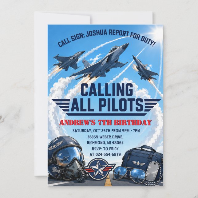Invitation d'anniversaire pour avion de combat per (Devant)