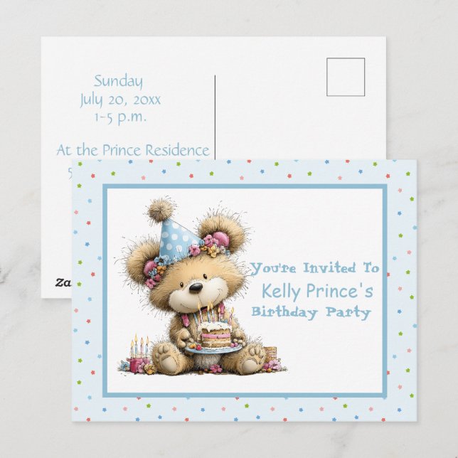 Invitation d'anniversaire pour bébé fille ours en  (Devant / Derrière)