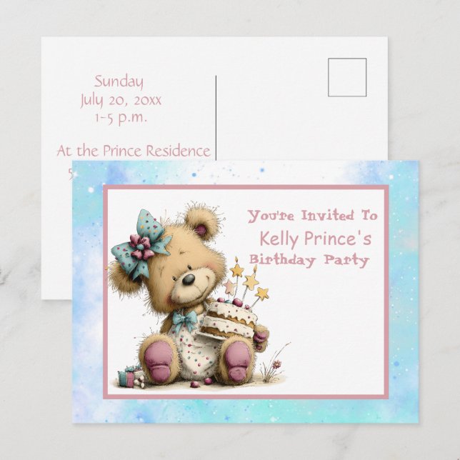 Invitation d'anniversaire pour bébé fille ours en  (Devant / Derrière)