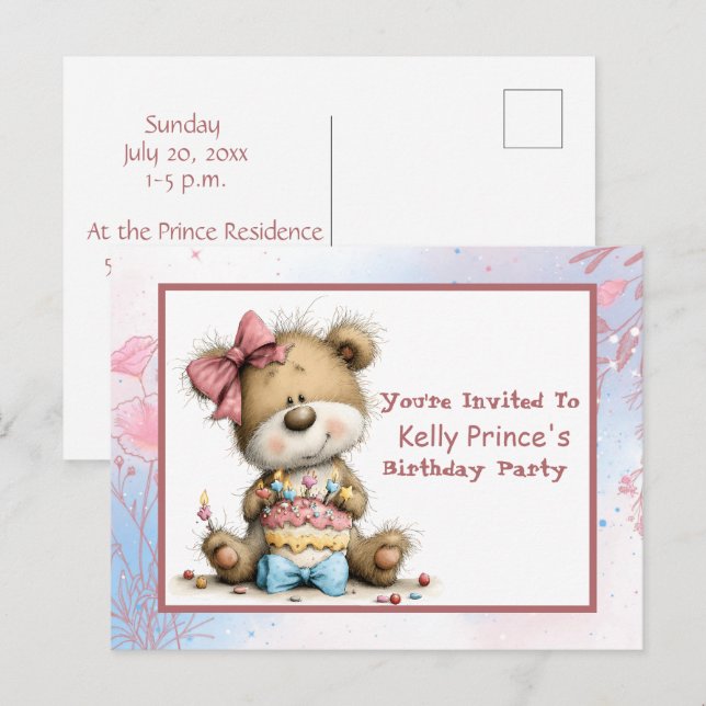 Invitation d'anniversaire pour bébé fille ours en  (Devant / Derrière)
