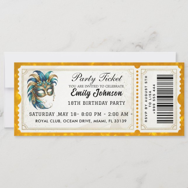Invitation d'anniversaire pour billet de bal masqu (Devant)