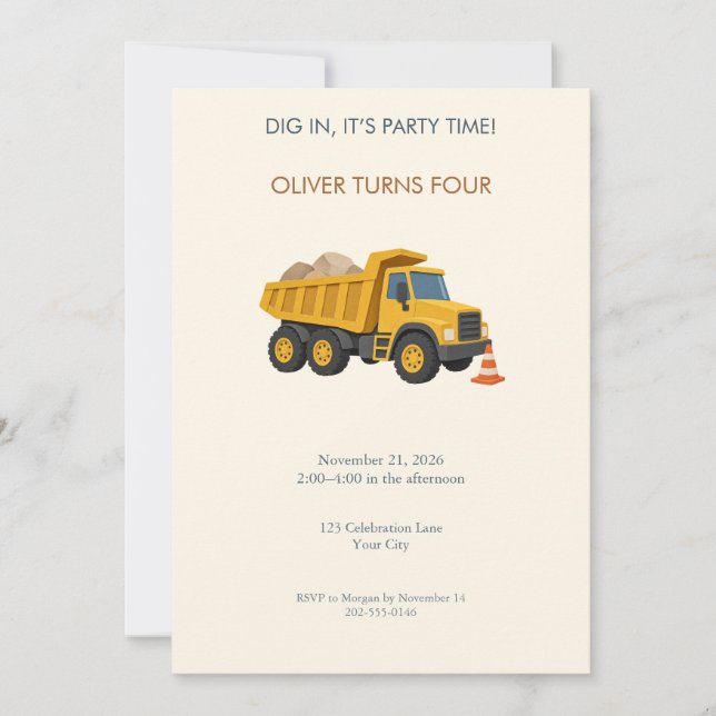 Invitation d'anniversaire pour camion de construct (Devant)