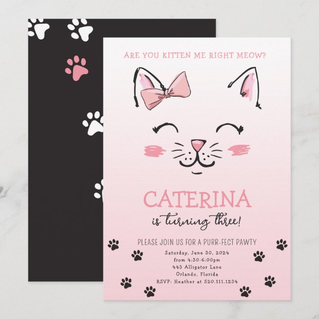 Invitation d'anniversaire pour chaton (Devant / Derrière)