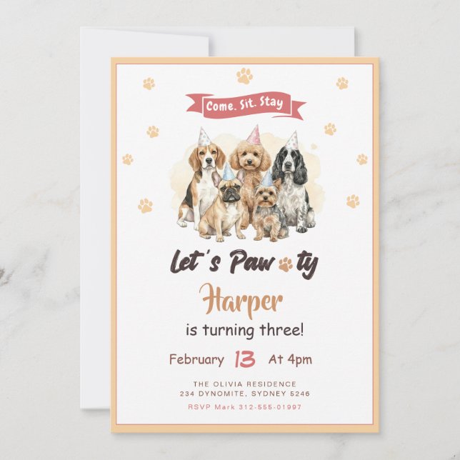 Invitation d'anniversaire pour chien chiot animal  (Devant)