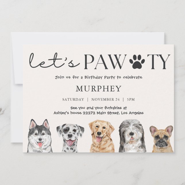 Invitation d'anniversaire pour chien Let's Pawty (Devant)