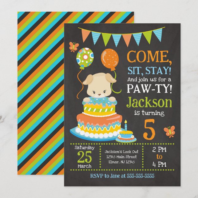 Invitation d'anniversaire pour chiot garçon Fête P (Devant / Derrière)