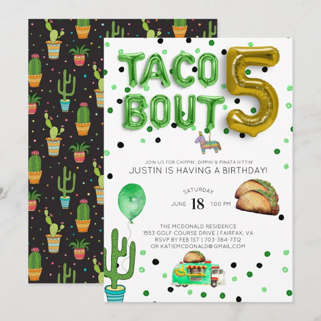 Invitation d'anniversaire pour cinquième | Taco Bo (Devant / Derrière)