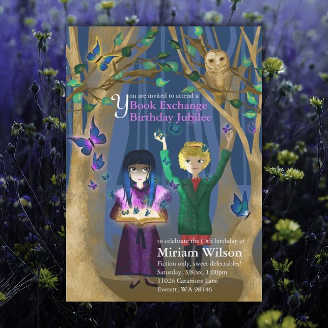 Invitation d'anniversaire pour échange de livres O (purple blue book exchange book swap birthday party unique birthday invitation for girl)