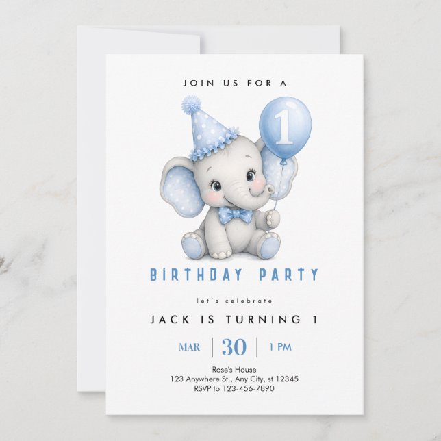 Invitation d'anniversaire pour éléphant bébé 1 an (Devant)