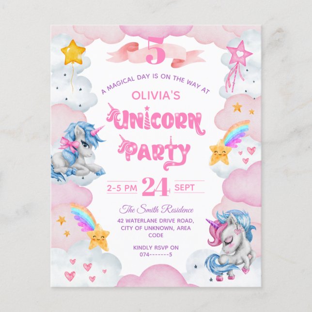 Invitation d'anniversaire pour enfant Licorne à l' (Devant)