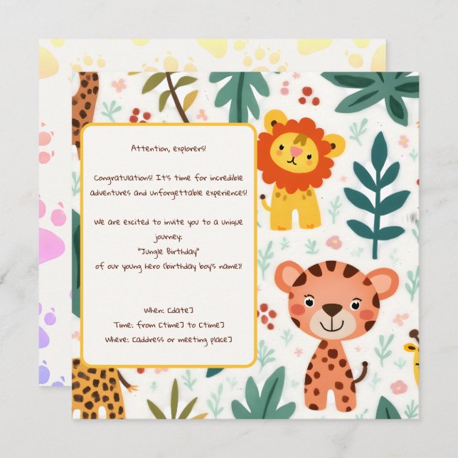 Invitation d'anniversaire pour enfants à la Jungle (Devant / Derrière)