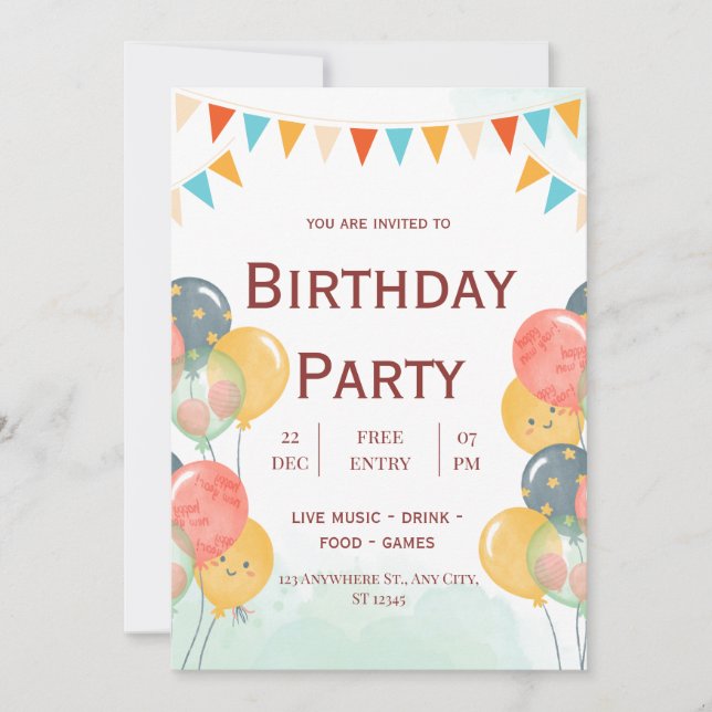 Invitation d'anniversaire pour enfants à l'aquarel (Devant)