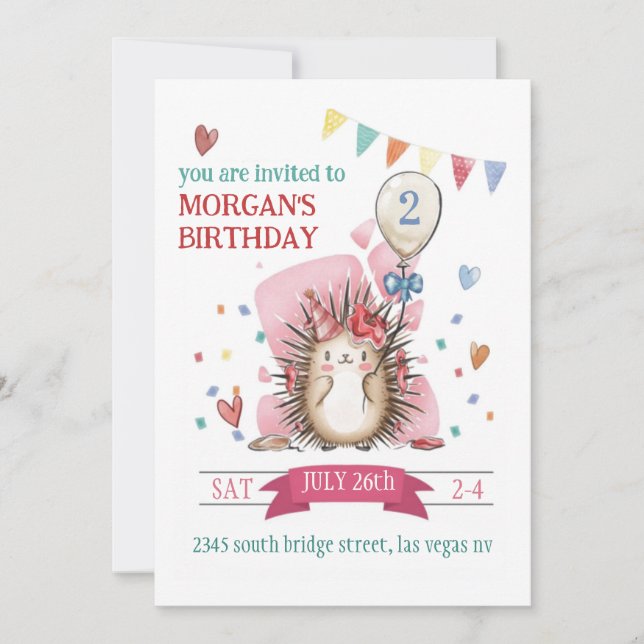 Invitation d'anniversaire pour enfants au hérisson (Devant)