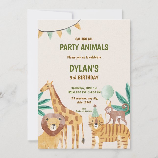 Invitation d'anniversaire pour enfants avec des an (Devant)