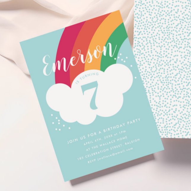 Invitation d'anniversaire pour enfants avec nuage  (Kids Rainbow Birthday Party Invitations.)