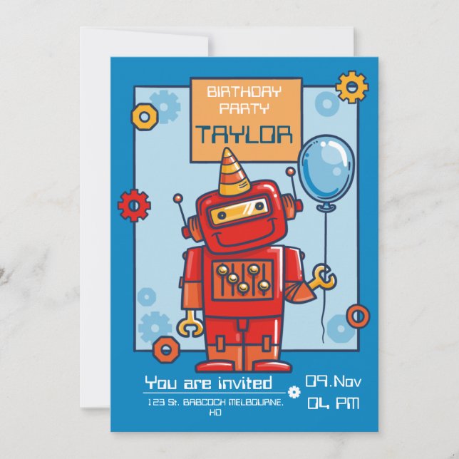 invitation d'anniversaire pour enfants avec robot (Devant)
