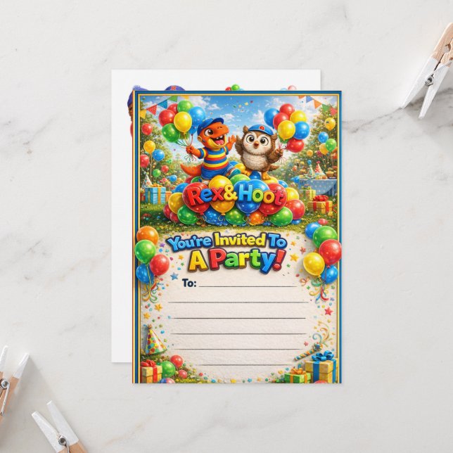 Invitation d'anniversaire pour enfants avec un din (Devant/Arrière en situation)