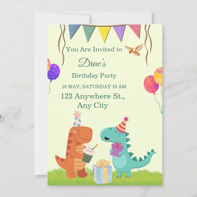 Invitation d'anniversaire pour enfants avec un din (Devant)