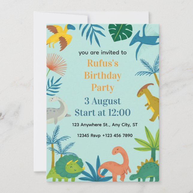 Invitation d'anniversaire pour enfants avec un din (Devant)