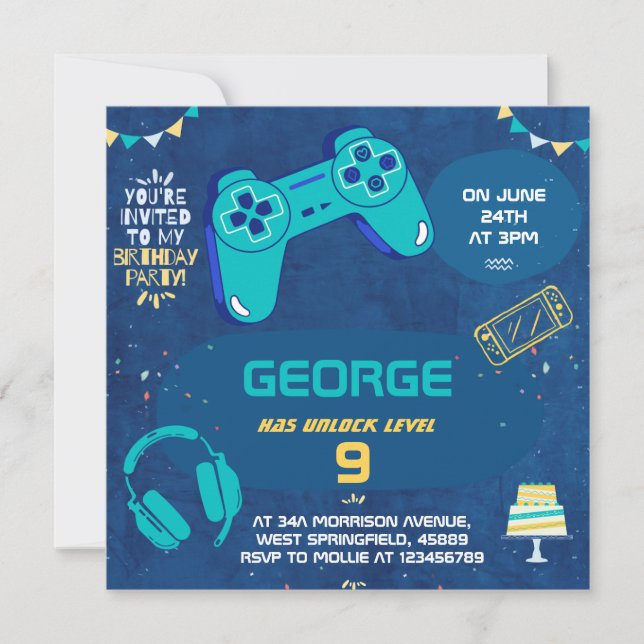 Invitation d'anniversaire pour enfants de jeu vidé (Devant)