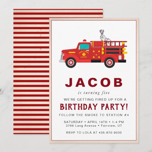 Invitation d'anniversaire pour enfants de pompiers (Devant / Derrière)