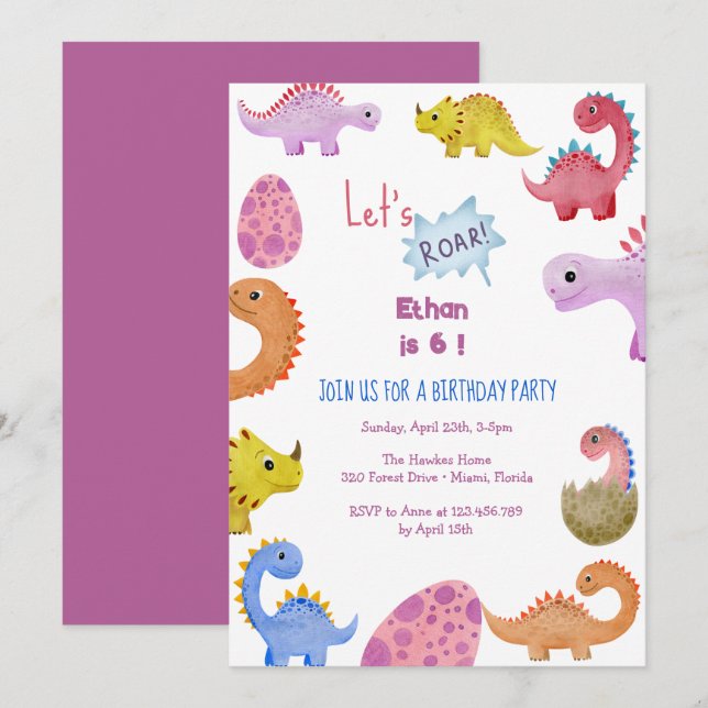 Invitation d'anniversaire pour enfants 'Dinos rugi (Devant / Derrière)