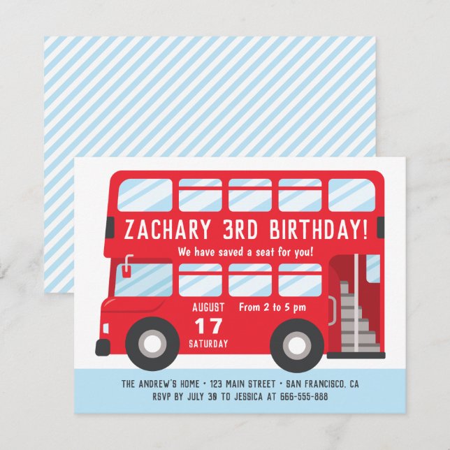 Invitation d'anniversaire pour enfants du bus roug (Devant / Derrière)