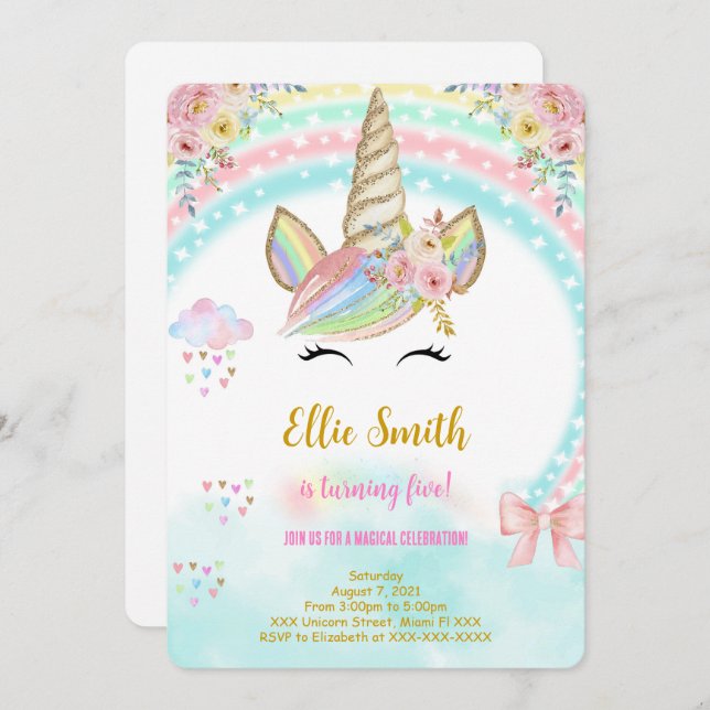 Invitation d'anniversaire pour enfants licorne (Devant / Derrière)